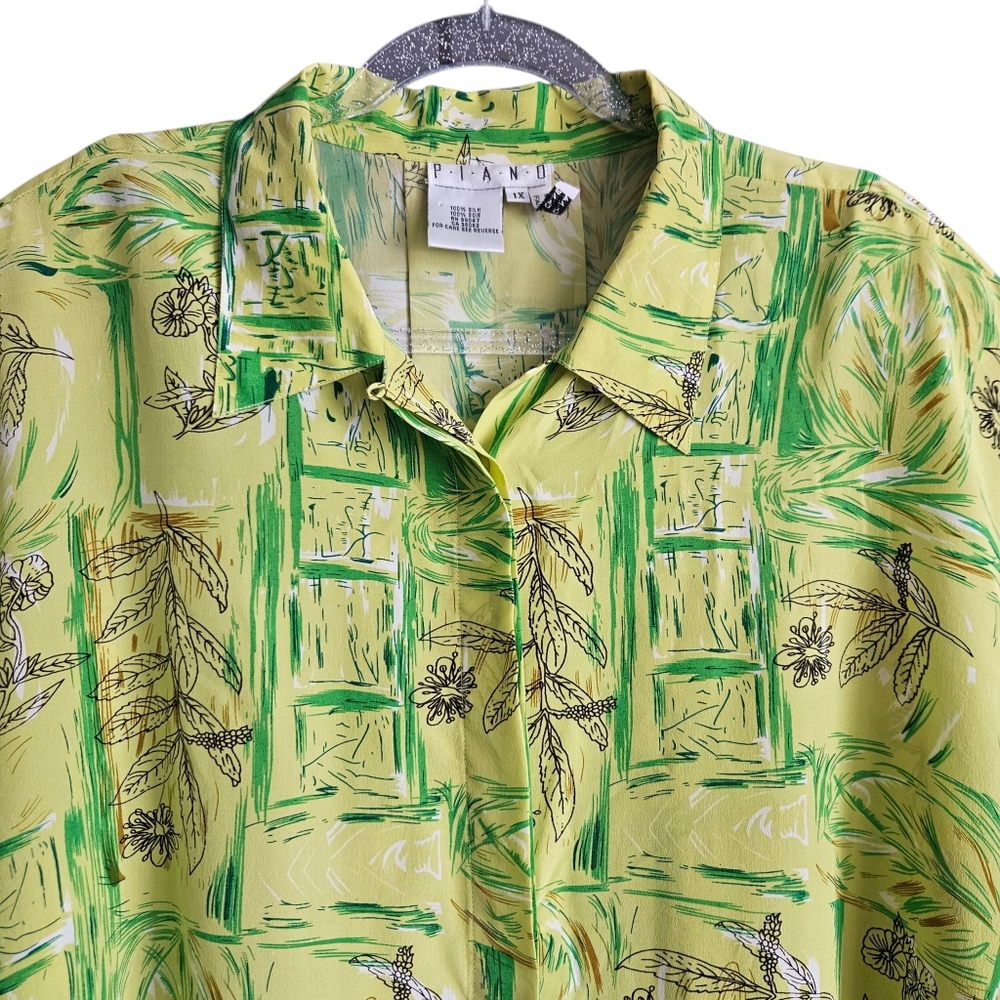 Vintage 90s PIANO Lime Green Silk Blouse Floral Print Long Sleeve Shirt 1X - Picture 2 of 12